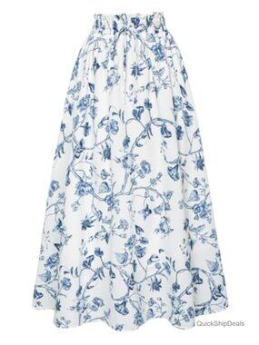 Floral Maxi Skirt High Waist Elastic Pleated A-Line Summer Victorian Long Skirt